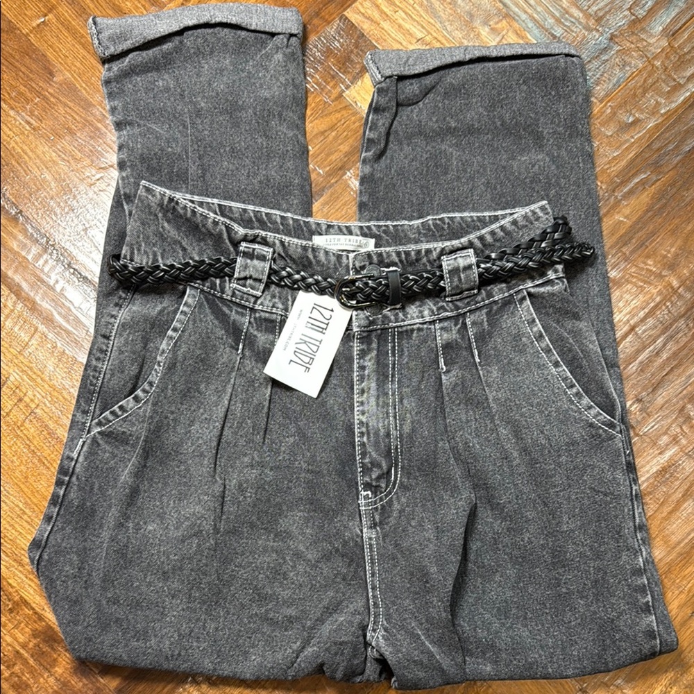 12th Tribe Washed Black High Waisted Pleated Jeans with Braided Belt NWT